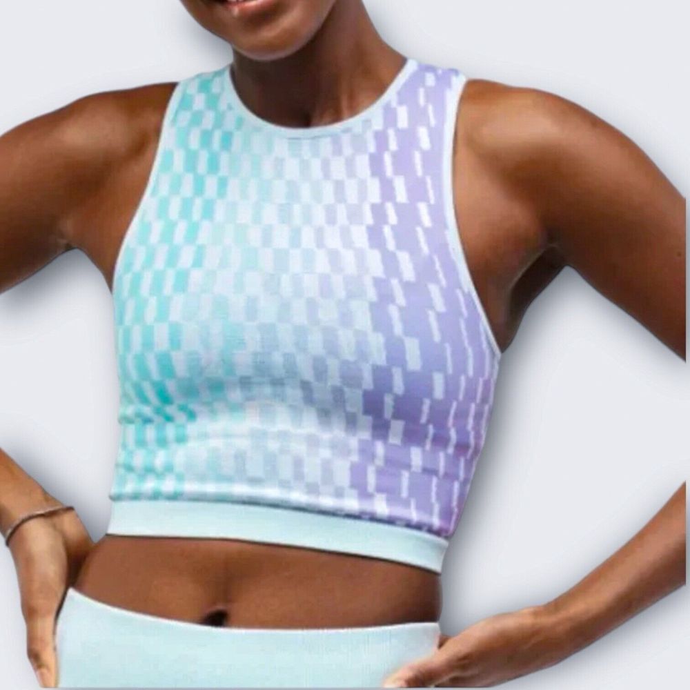 FABLETICS Seamless Neck Crop Tank Top Checkered Purple‎ Aqua Women's Size Smalll